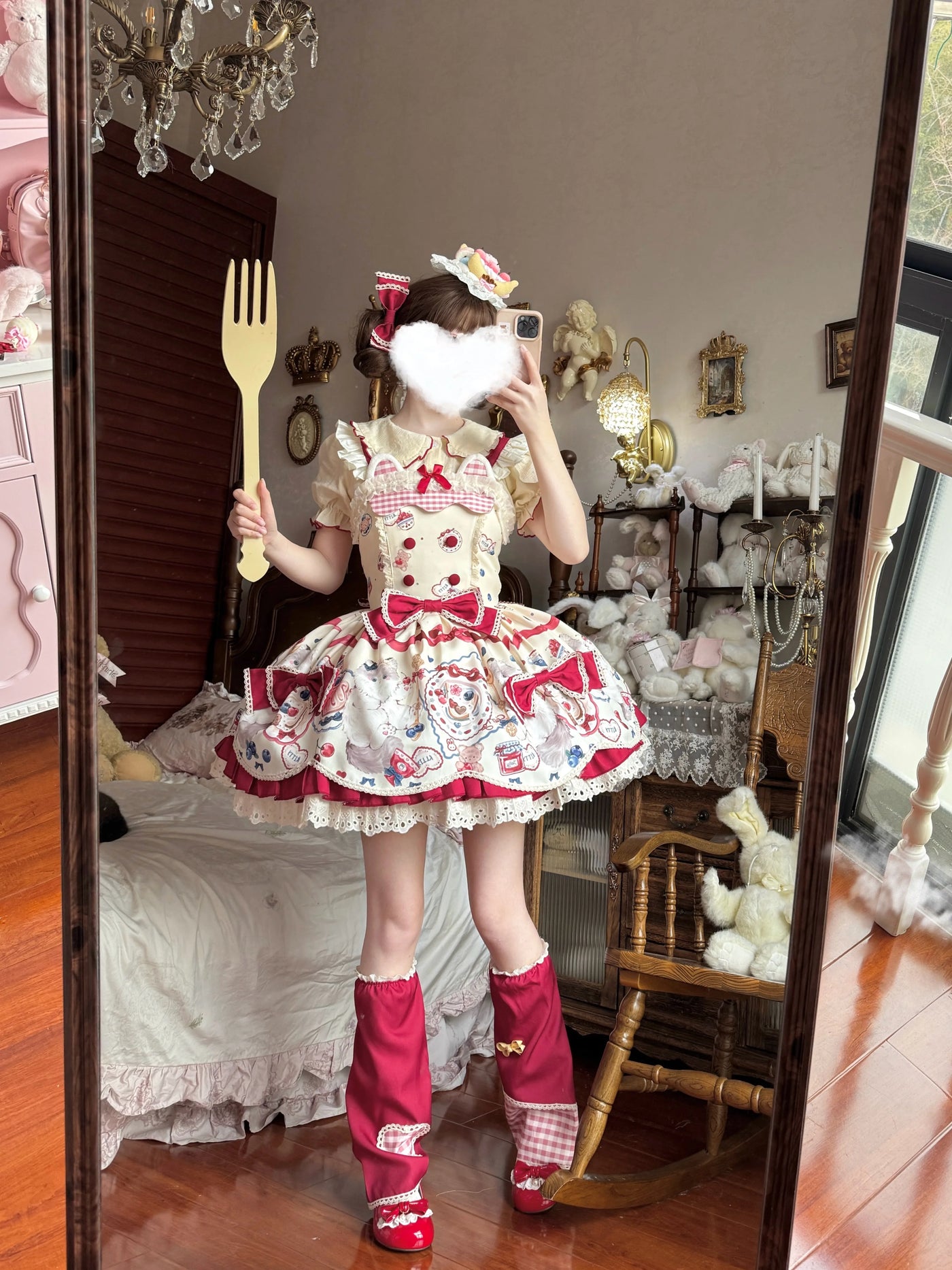 Fluffy Bunny Bubble Cake - Meow Meow Tea Party - Dessert-Print JSK Dress Set with Red Bows