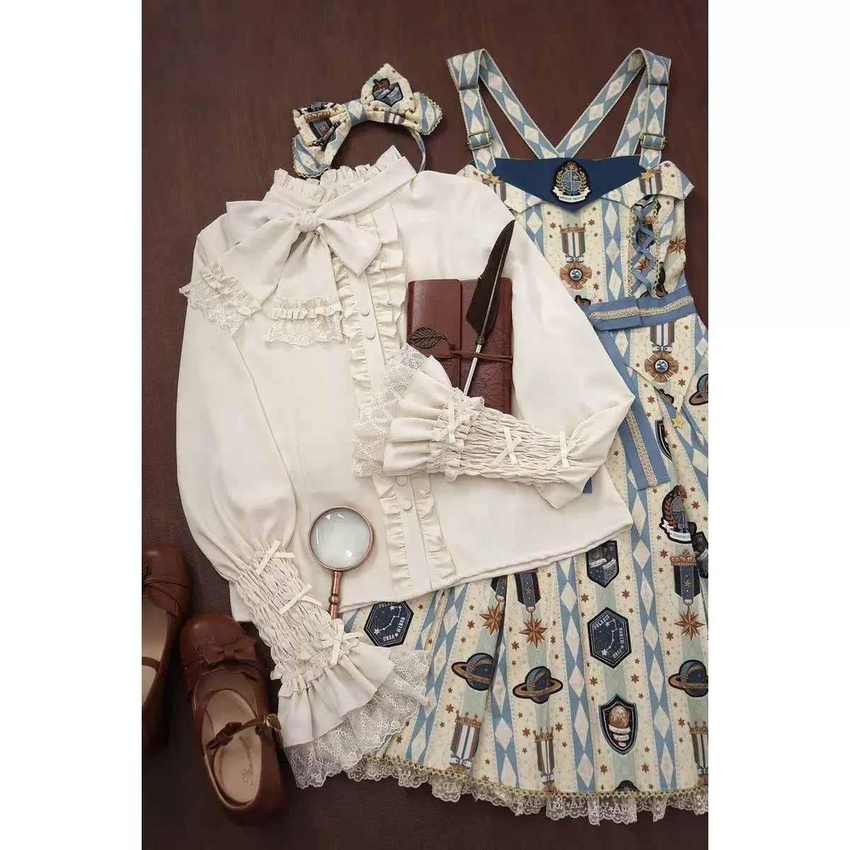White ruffled long-sleeve blouse and Lolita coordinates arranged in flat lays.