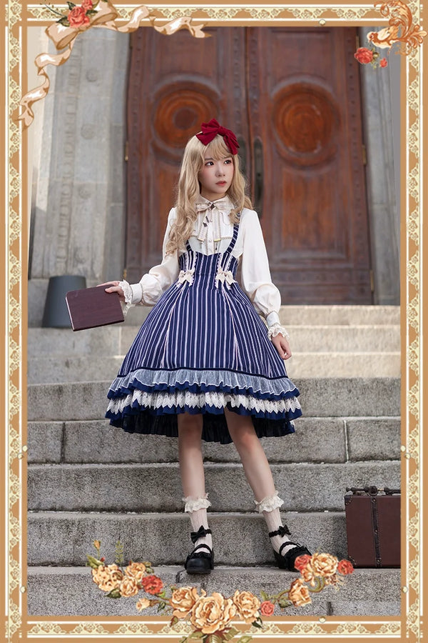 Infanta - Elegant Lolita Stripe High-waist - Jumper Dress Set and Cape SK Skirt