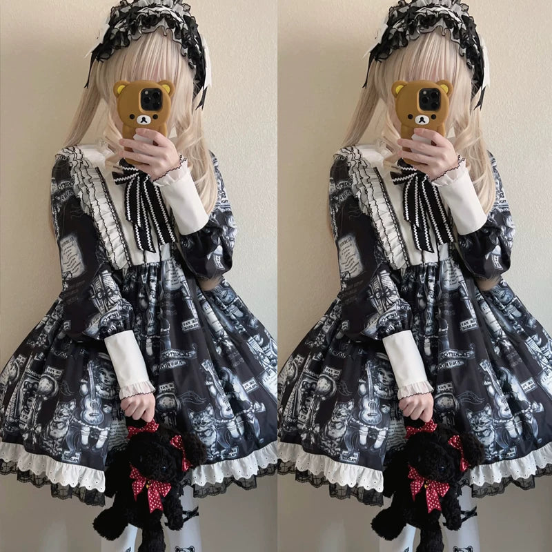 Lady Han Antique Cat Gothic Lolita OP dress featuring black fabric, lace details, and a Victorian-inspired design.