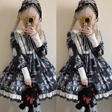 Lady Han Antique Cat Gothic Lolita OP dress featuring black fabric, lace details, and a Victorian-inspired design.