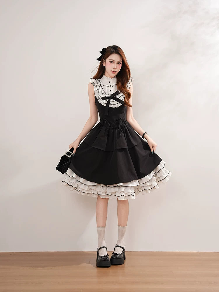 Miyou - Monochrome Polka-Dot Ruffle - Black-and-White Polka-Dot Paneled JSK Dress with Layered Ruffles