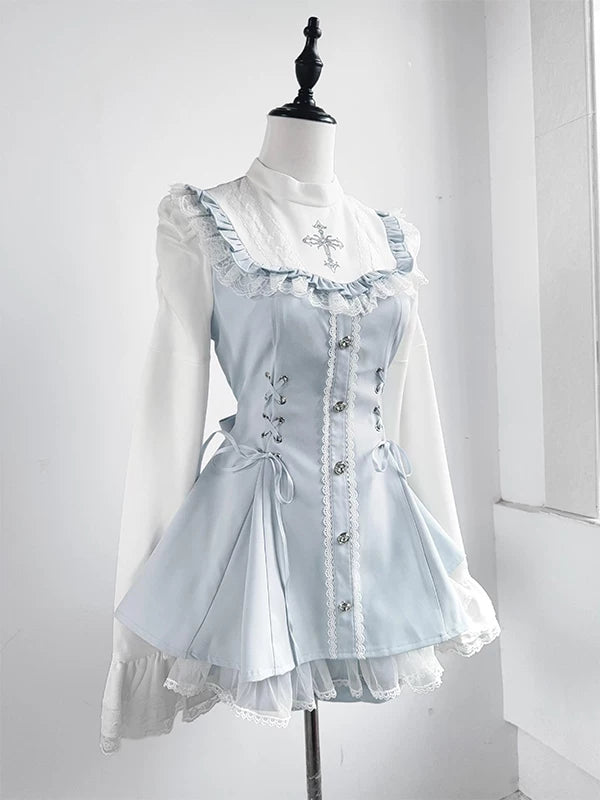 Blue dress, shorts and bow tie set with white lace trim