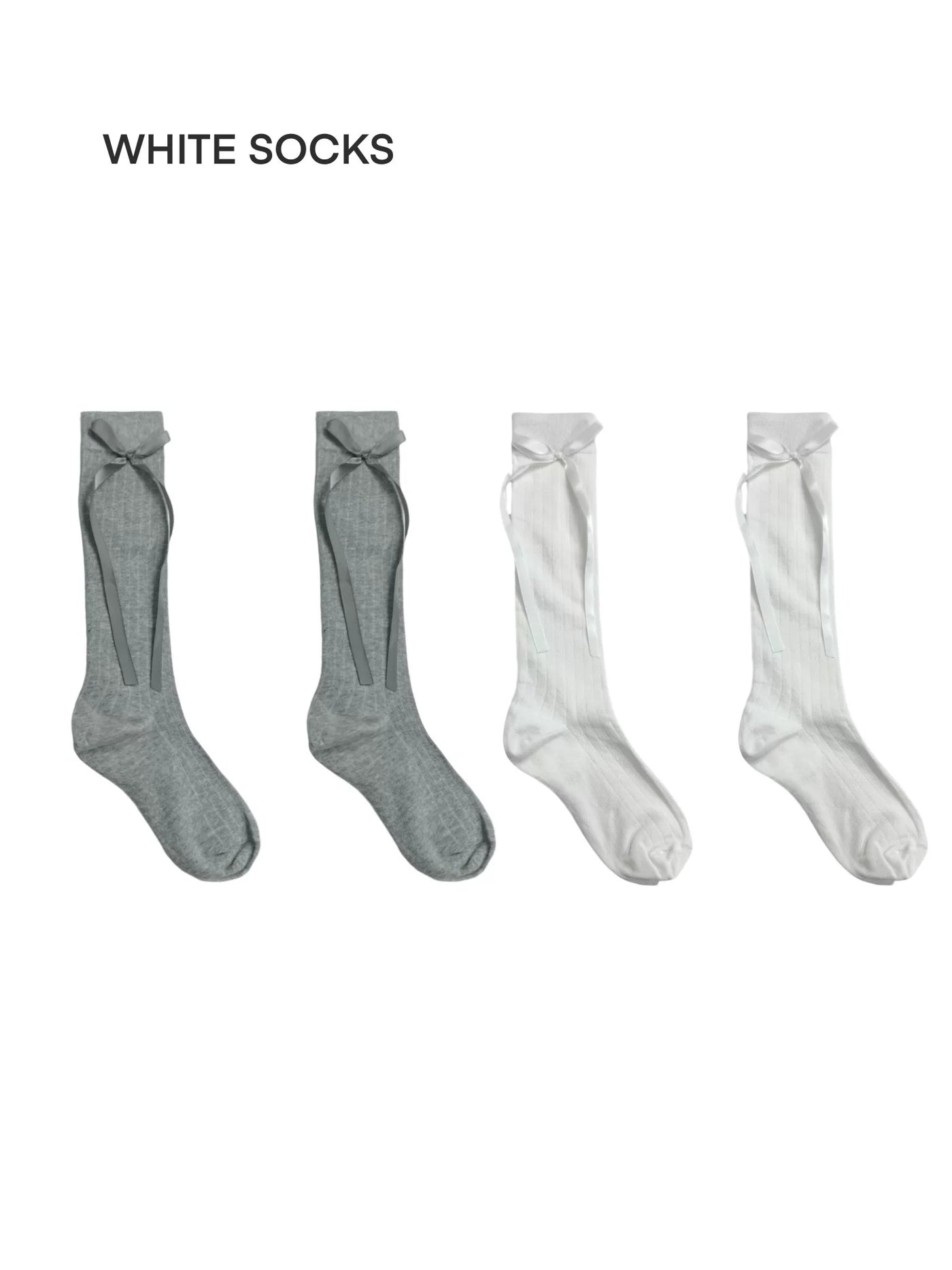 White Socks - Ballet Ribbon - Mid-calf socks with vertical ribbing and tie bows