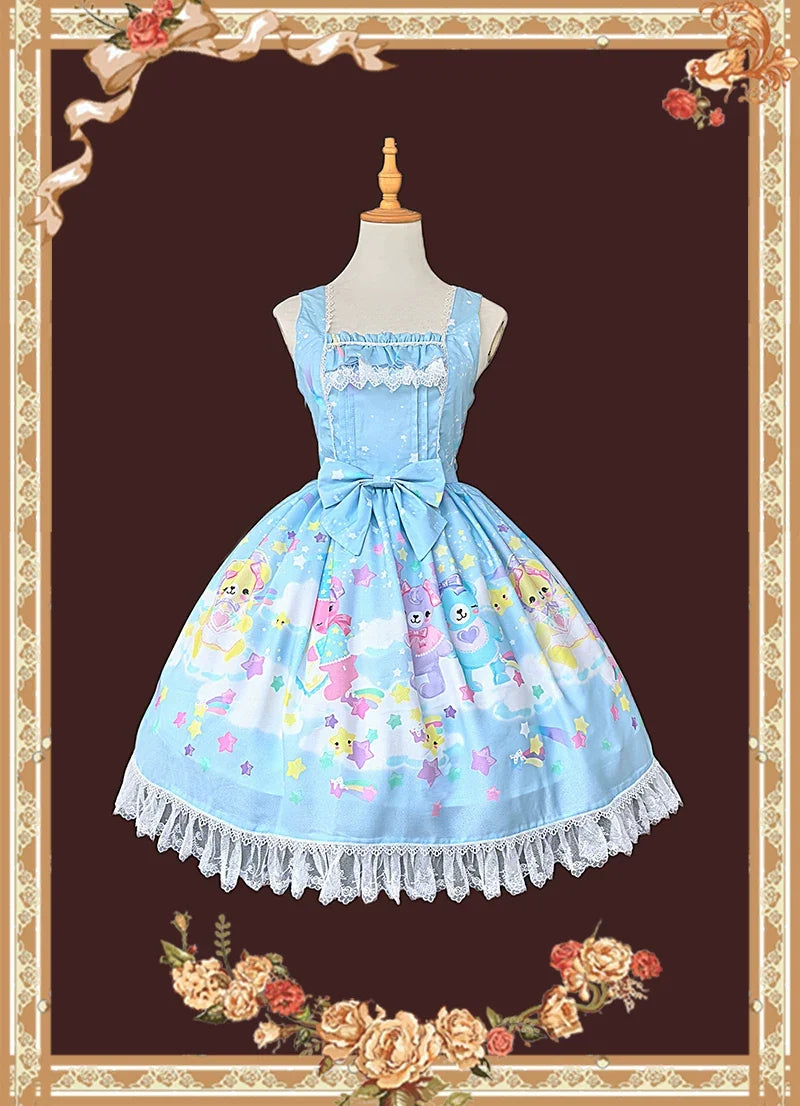 Sleepy Bear - Kawaii Lolita Bear and Star Printed Dress Light Blue JSK Only S Pre-order