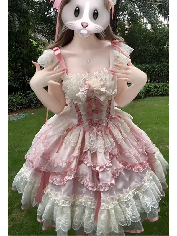 Creamy - Pink Ballet Ruffles - Pink JSK Suspender Dress with a Train and Hairband