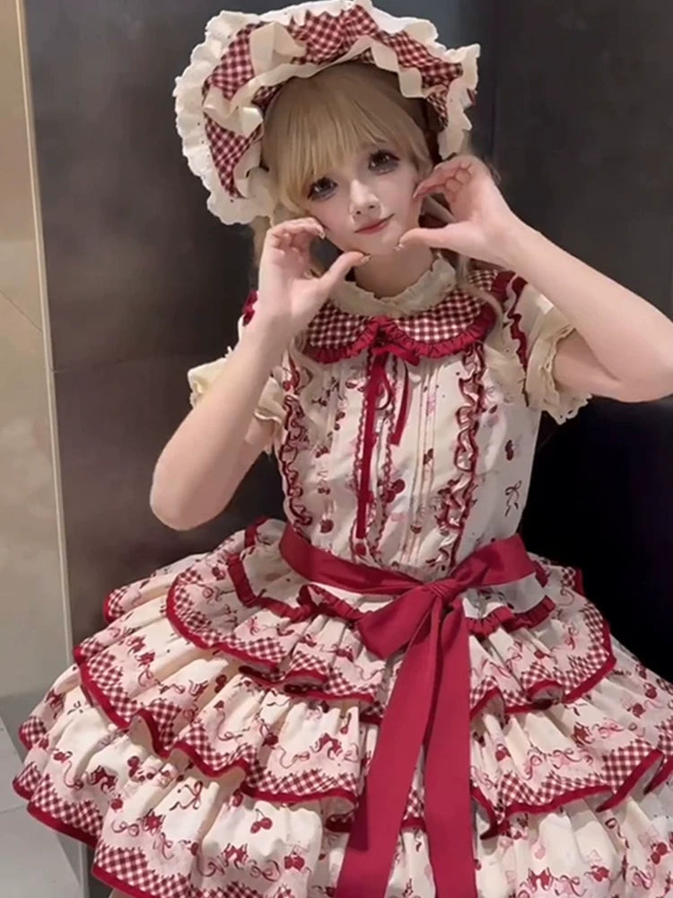 Dream Bunny - The Cherries Are Ripe - Cherry-Print Lolita Fashion Set with Gingham Ruffles