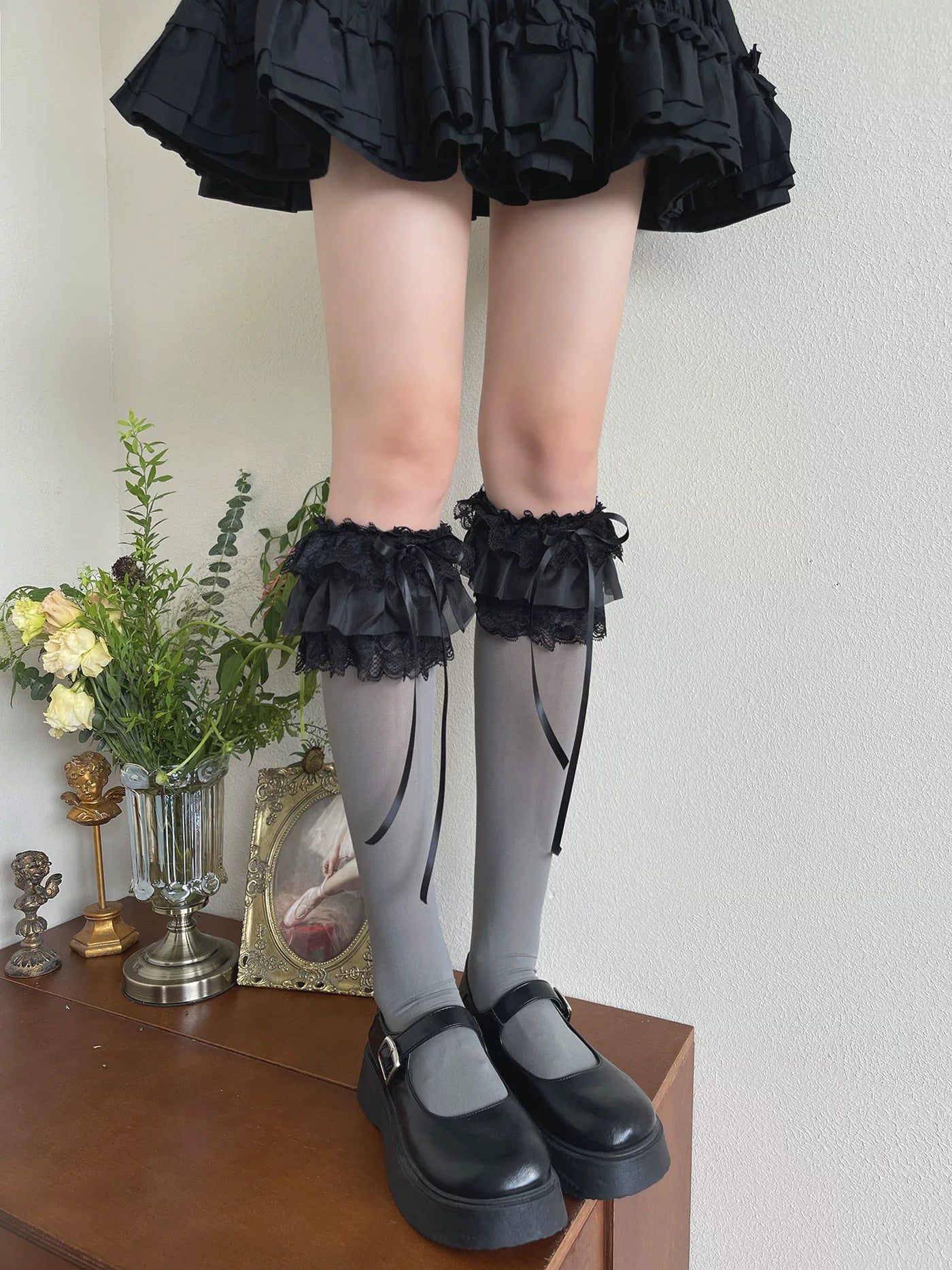 Sock Noble - Ruffle Lace Legwear - Velvet Socks with Layered Lace