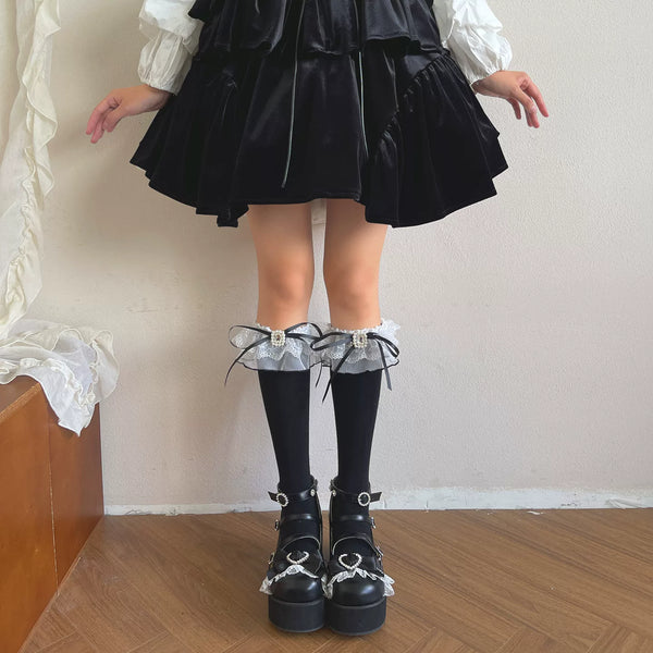 White French romantic lace bow mid-calf Lolita sock