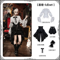 With PUJI - Night Raven - Gothic Lolita JSK Dress - Ouji-style 5-piece set (waist cincher curtain + silver-gray shirt + lantern pants + black bow tie + black hat) Pre-order, ships from November 7 / S