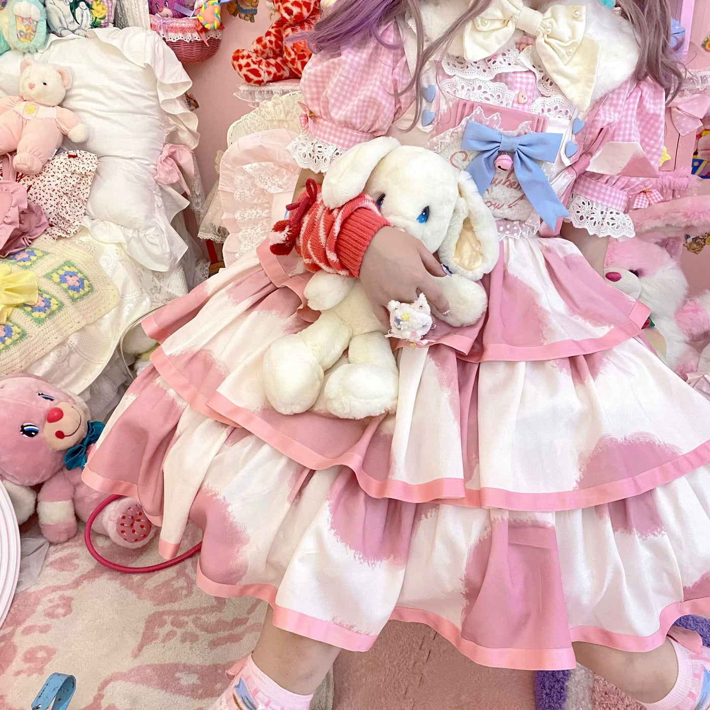 Tata Long Ear - Milk Cake Cow Print - Cow-Print JSK Dress with Three-Section Skirt