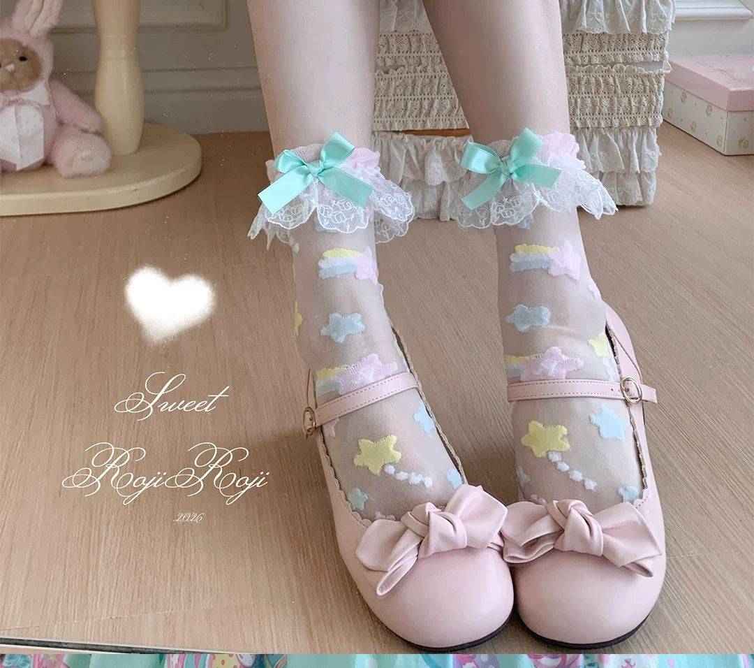 Roji Roji - Sweet Lolita Star Embroidered Socks - with Colorful Satin Bow Socks