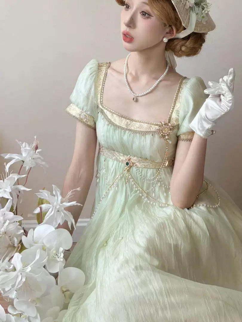 Creamy - Mint Courtly Empire - Green Lolita Dress with Gold Trim