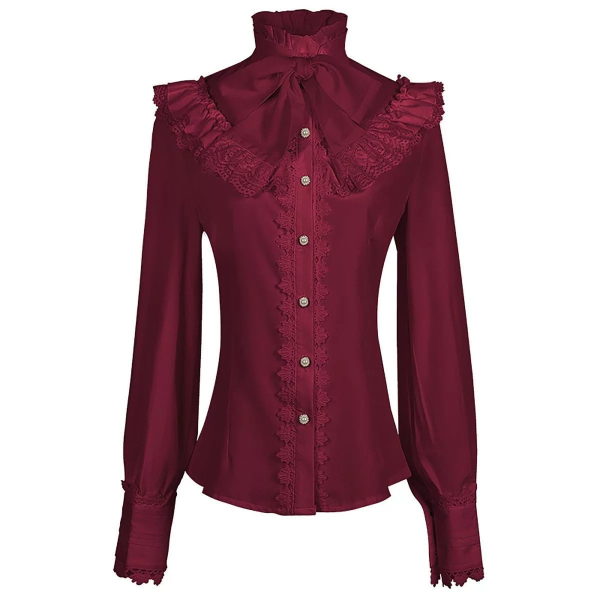 Sweetheart Dream Machine long-sleeve blouse with ruffled collar, bow and lace yoke