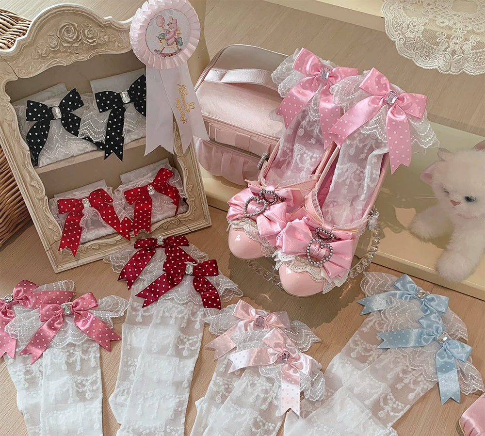 roji roji sheer polka-dot lace socks with ribbon bows