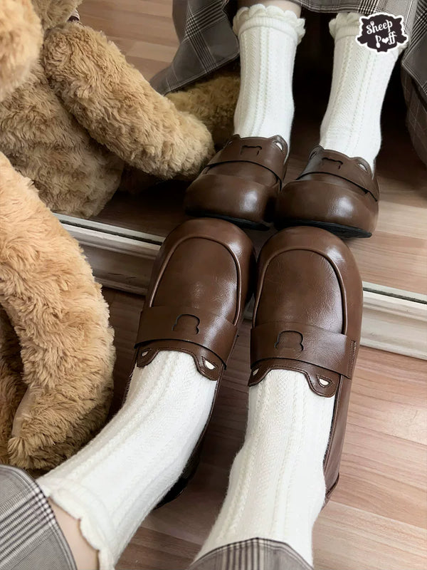 Sheep Puff Bear Bread Lolita Shoes featuring cute bear and bread embroidery on pastel-colored shoes with lace details.