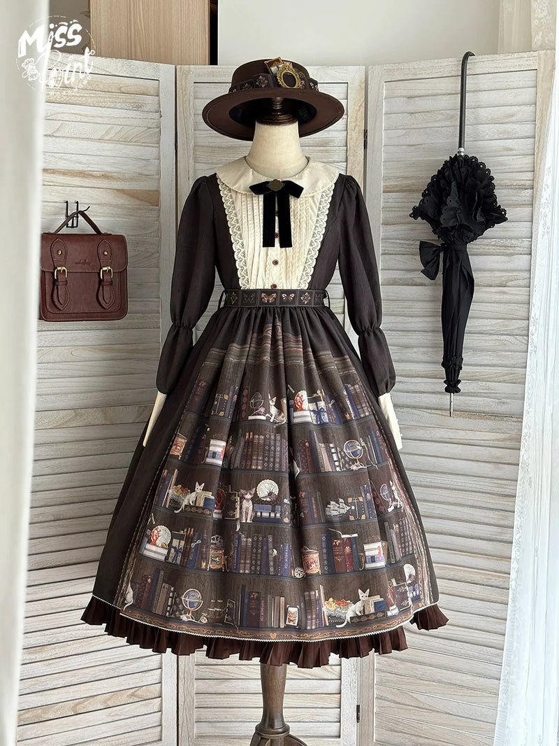 German Bookshelf - Classic Lolita OP Dress & Detachble Cape Dark Brown OP + Waistband + Bow Brooch (without cape) XS
