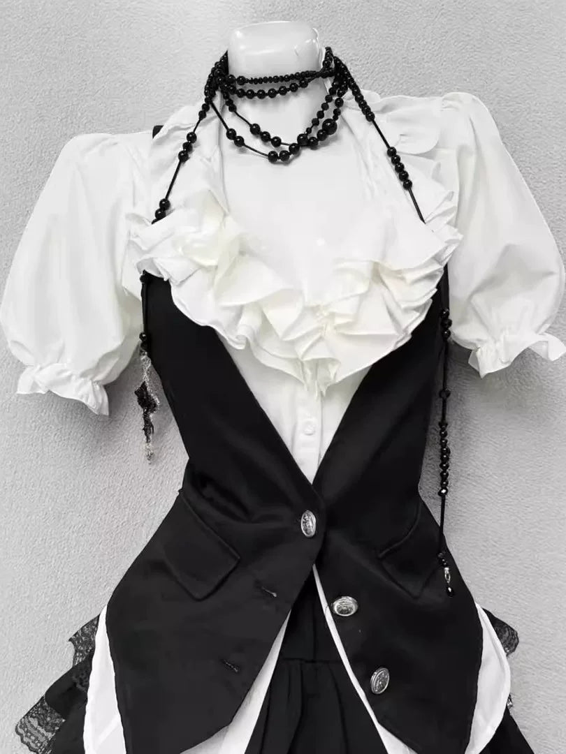Creamy - Retro Artistry - Three-Piece Set with Blouse, Short Skirt and Vest