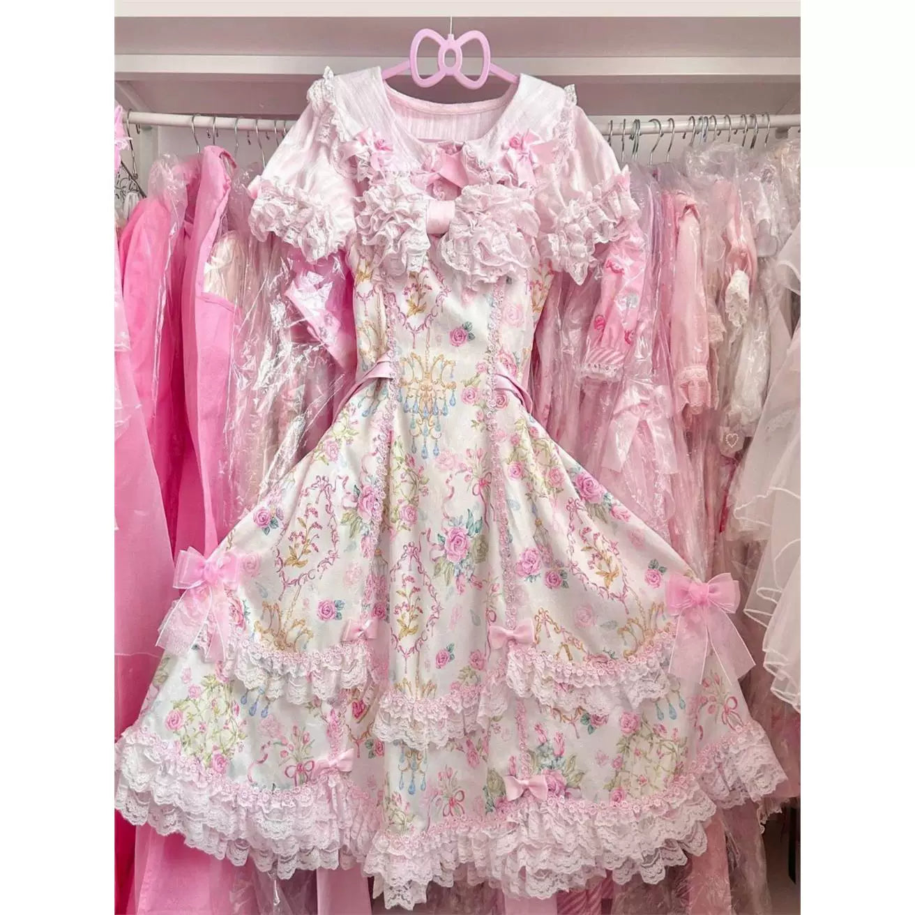 Sweetheart Dream Machine - Vintage Floral Wall - Ruffle-Trimmed Blouse with Doll Collar