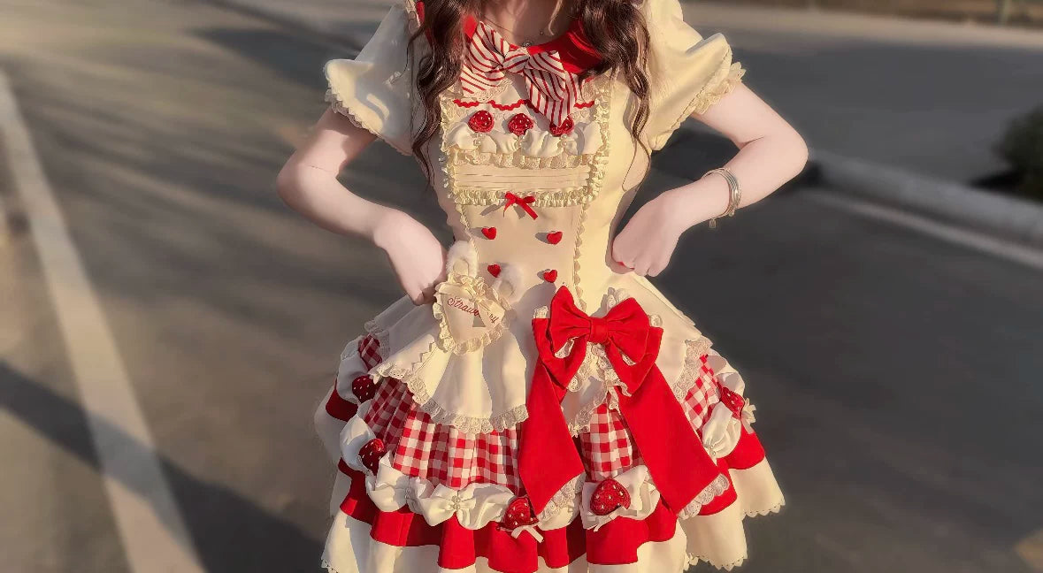 Xian Diandian - Berry Milk - OP or JSK Dress with Layered Ruffles and Bows