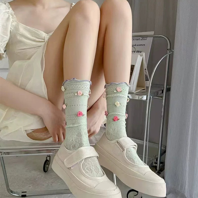 Fantasy Doll - Rose Lace - Floral Openwork Mid-Calf Socks