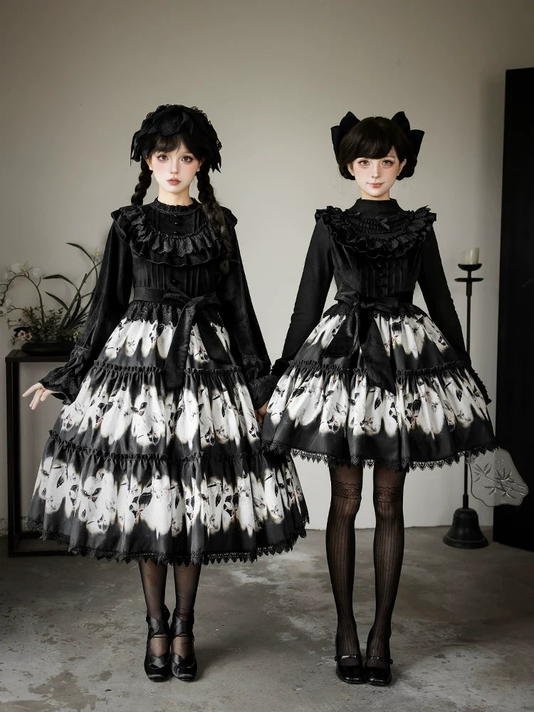 With PUJI - Dead Leaf Butterfly - Gothic Lolita JSK & OP Dress Set, Butterfly Print