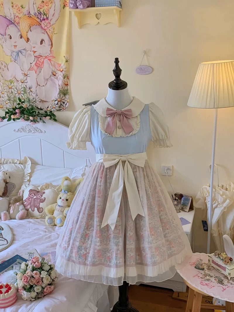 Yueele - Blue Floral Summer - Plus-Size Sweet Lolita OP Dress - detail view 3