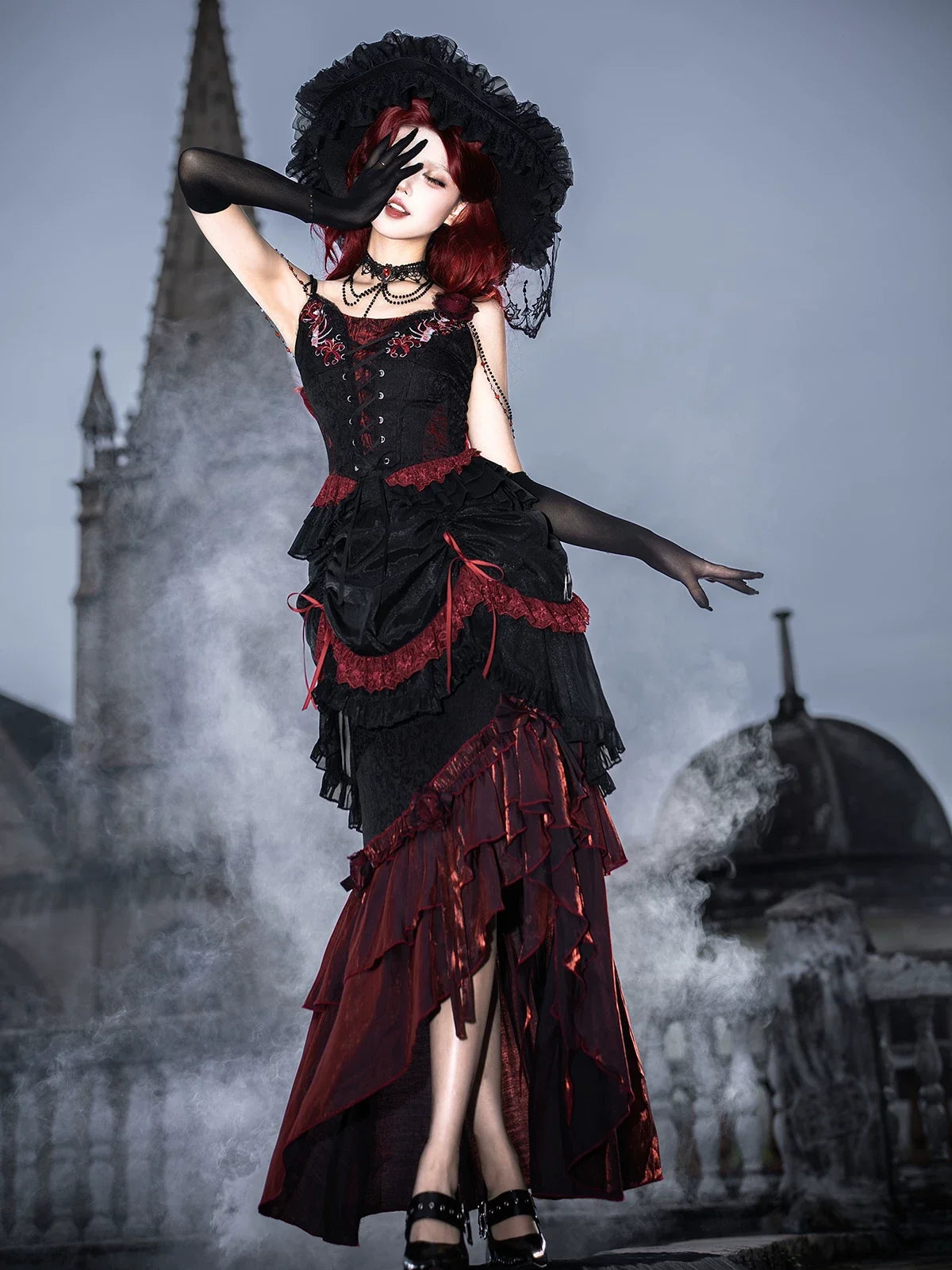 Your Princess - Bone Rot Bloom - Gothic Lolita Embroidered Camisole & Drawstring Lift-up Hem Skirt