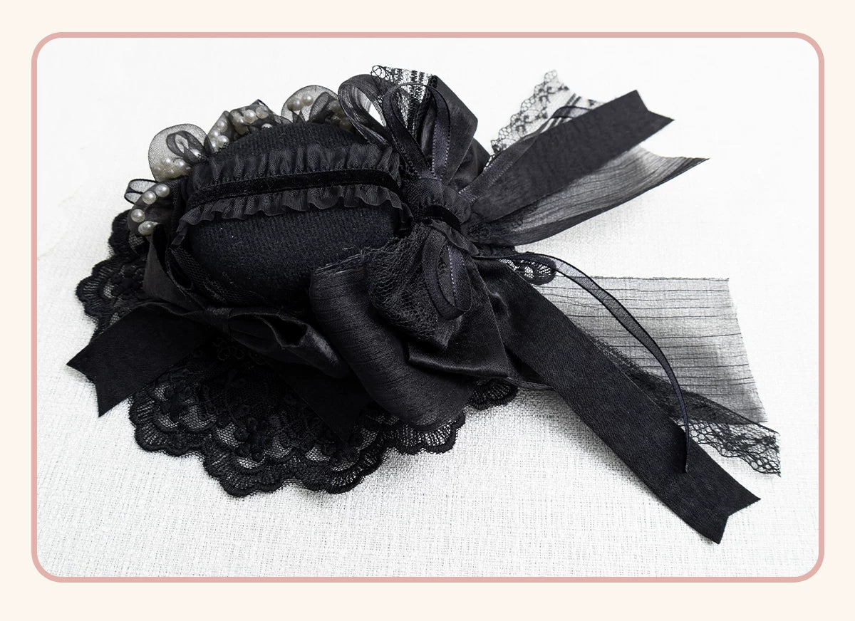 Stardust Rose - A035 Black Lace - Black Lace Headwear and Hand Sleeves with Ribbon Bows