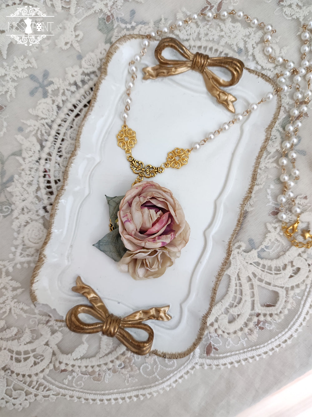 Lilyka Garden - Classic Lolita Headdress and Necklace Brooch Bow Trailing Long Necklace