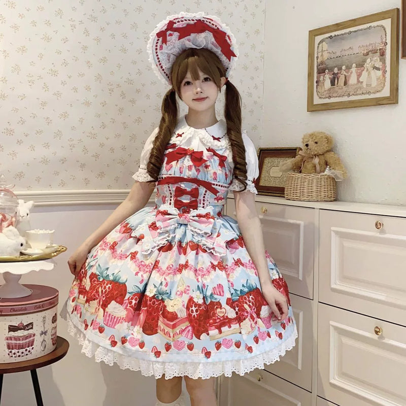 Lady Han Sweet Berry Love Sweet JSK dress in pink with floral and berry print, featuring ruffled straps and a fitted bodice.