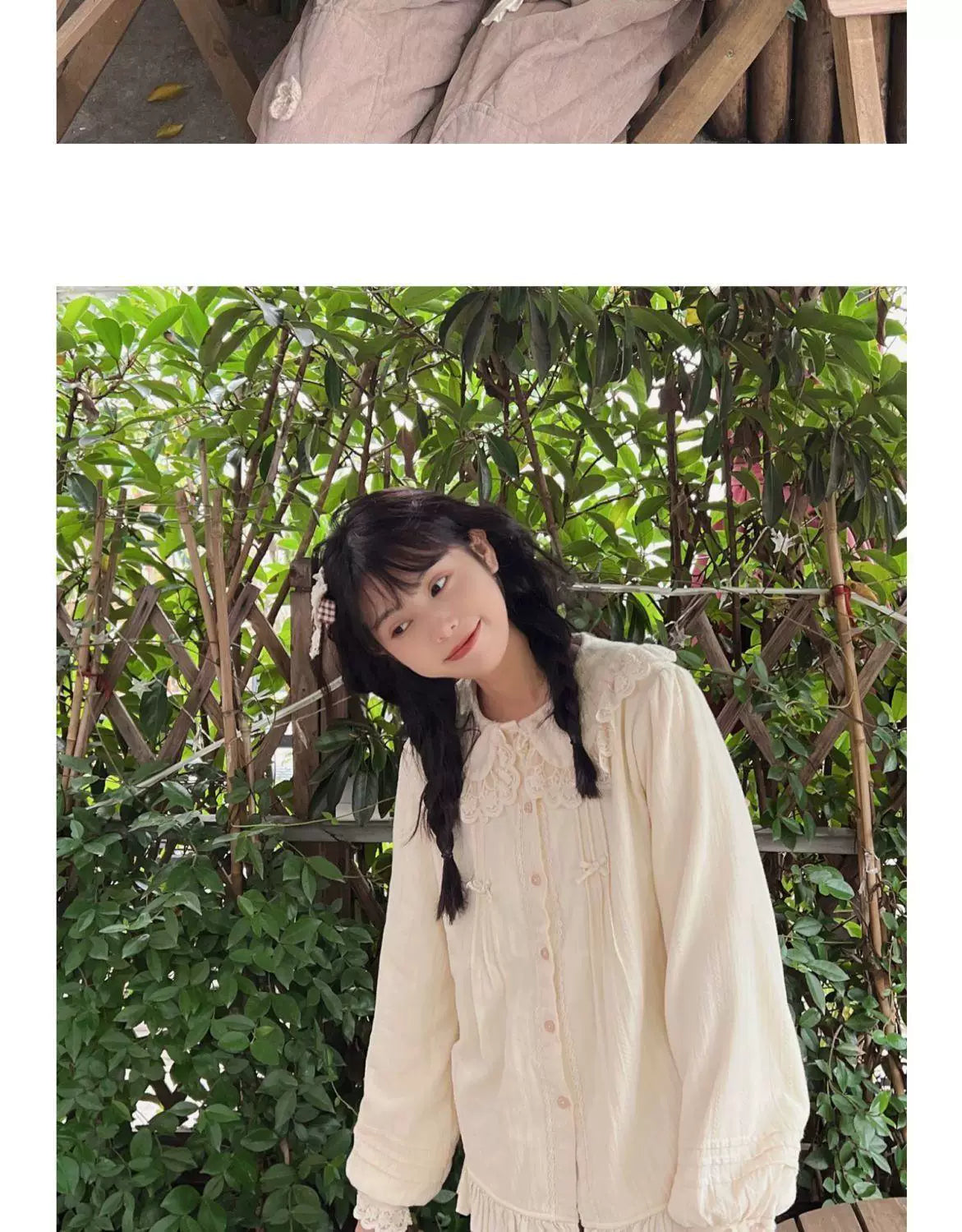 Sweetheart Dream Machine - Lace Collar Classic - Lace-Collar Long-Sleeve Blouse with Front Bows