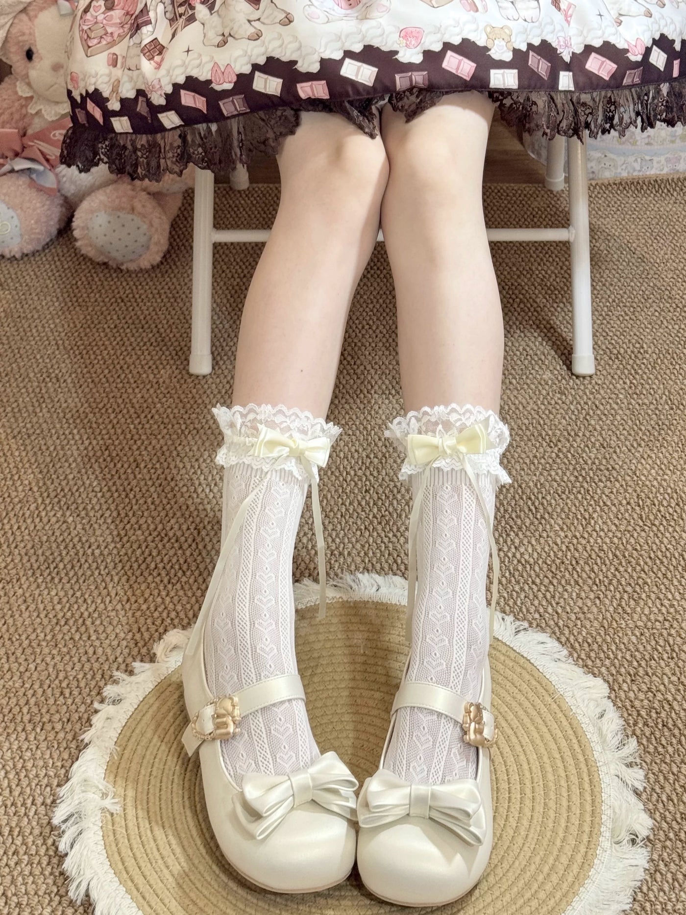 Fantasy Doll - Candy Ribbon - Lace Mid-Calf Socks with Ribbon Bows