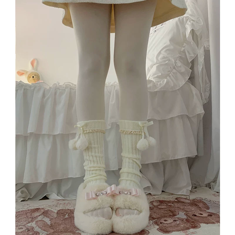 roji roji - Lace Pom-Pom - Knit Leg Warmers with Lace Edging, Ribbon Ties and Handmade Pom-Poms