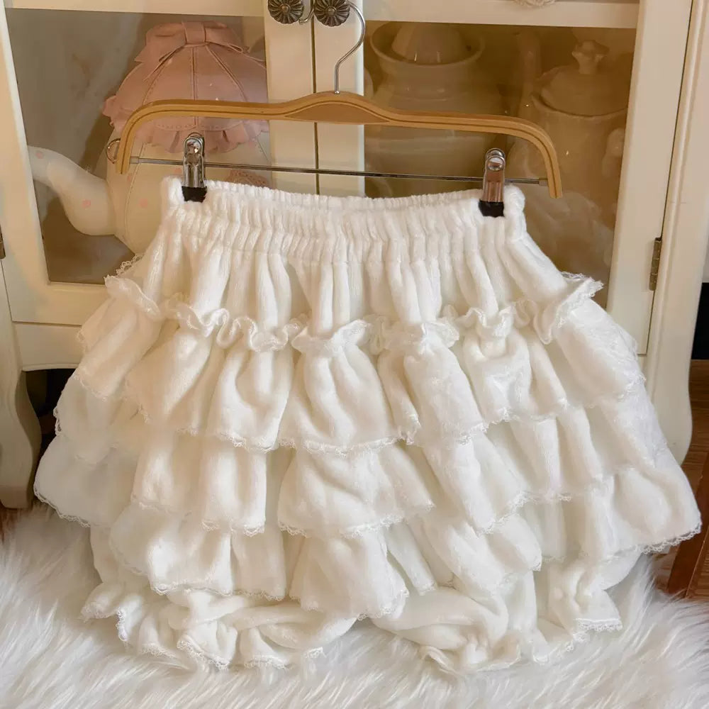 Cotton Lolita Bloomer, Loose Ruffled Hem White (with velvet) One Size