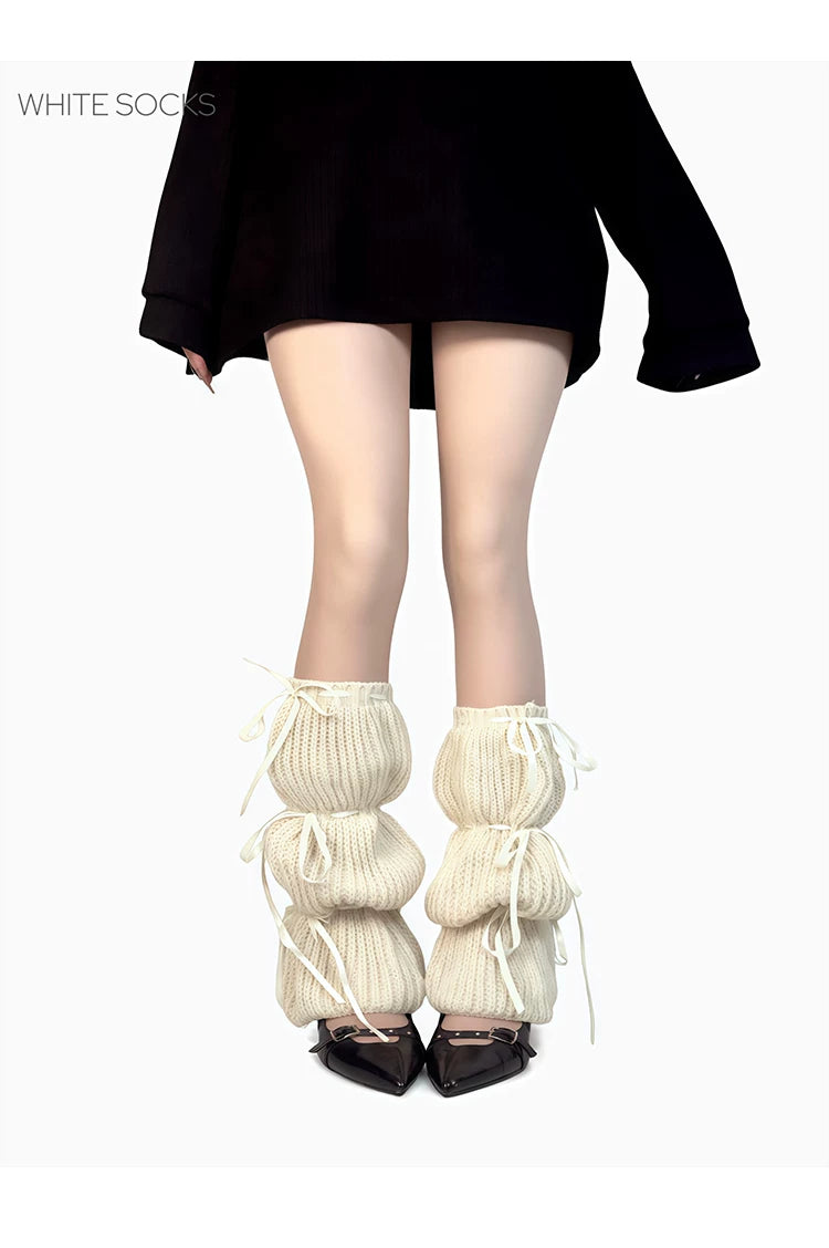 White Socks - Ribbon-Tie Knit - Gathered Calf Leg Warmers with Black Ribbon Ties