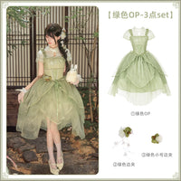 With PUJI - Fragrance - Oriental Lolita OP Dress, Print - Green OP 3-piece set (green OP + green hair clip + green small hair clip) - In Stock / S