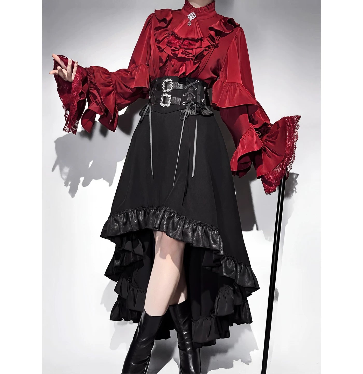 Creamy - Burgundy Noir - Long-Sleeve Blouse, Skirt and Bib Set with Ruffled Trim