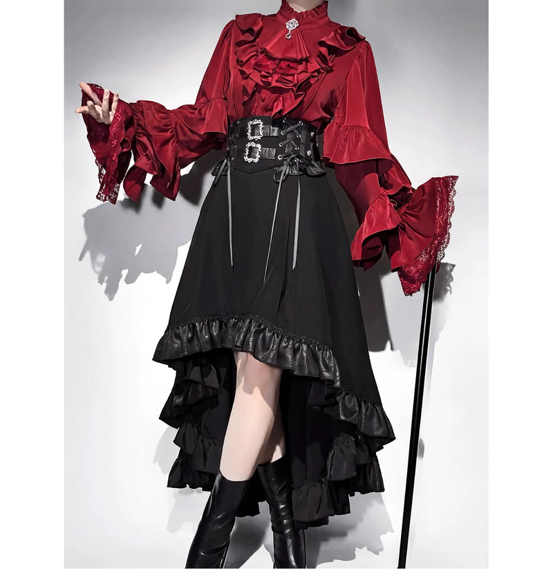Creamy - Burgundy Noir - Long-Sleeve Blouse, Skirt and Bib Set with Ruffled Trim