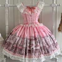Xiao Xin - Old Lane Floral Affair - JSK with an illustrated café-street border - Sakura Pink / S