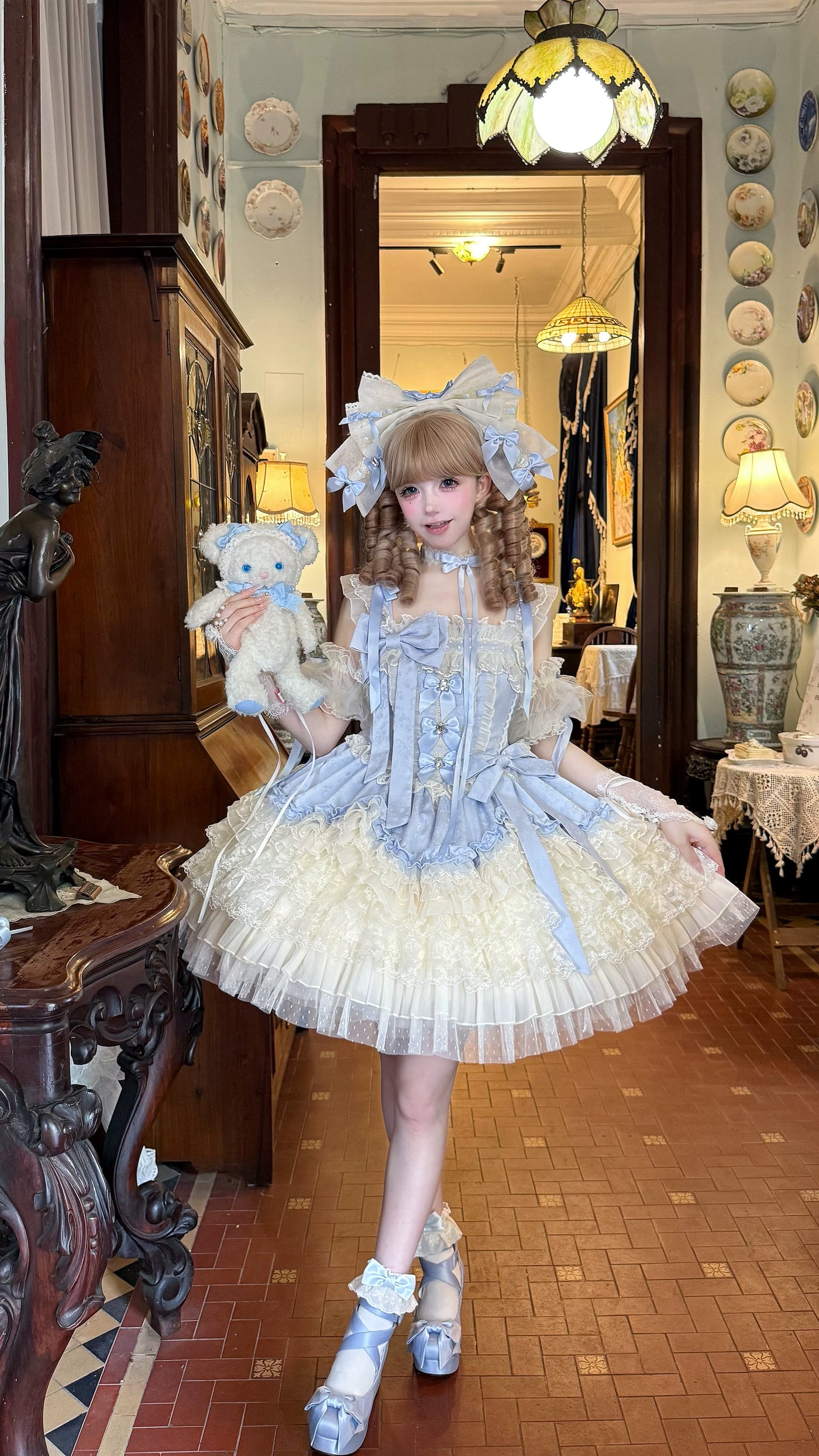 Miaolin Original - Sakura Dream Blue Ballet - JSK dress with layered blue-and-white trim