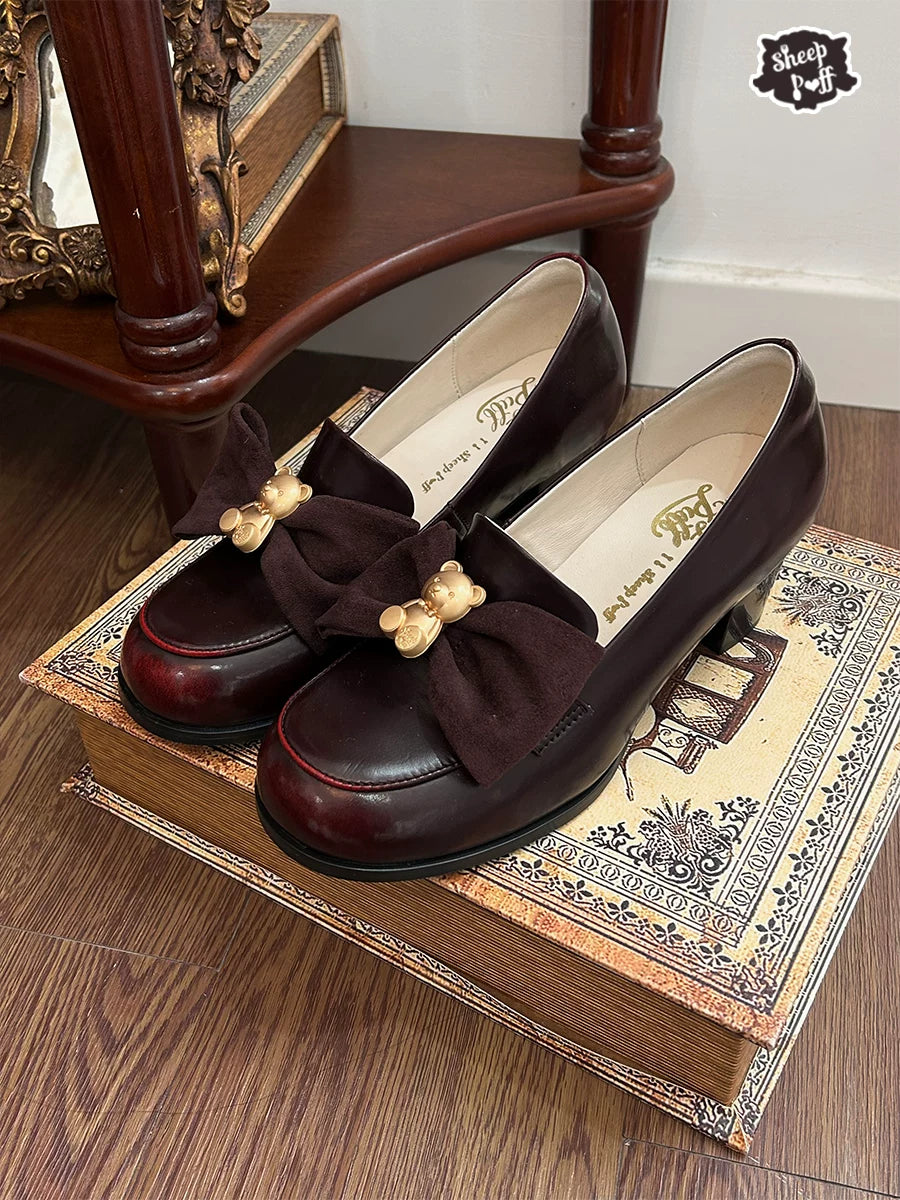 Sheep Puff Retro Bear Lolita Shoes featuring cute bear and puff design, vintage-inspired footwear with pastel accents.