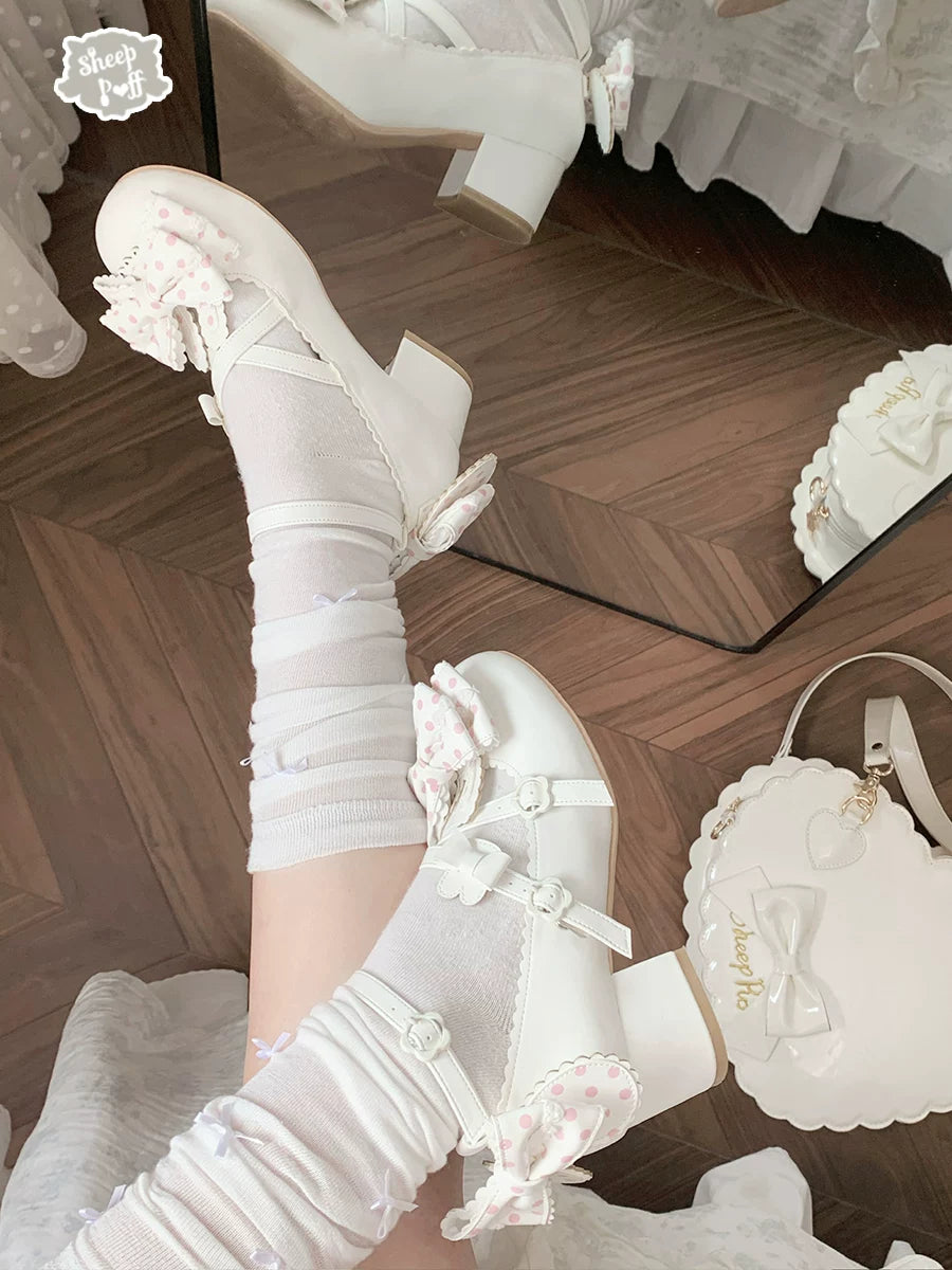 Sheep Puff Bubble Bunny Mid Heel Lolita Shoes featuring a cute sheep puff design and pastel color accents.