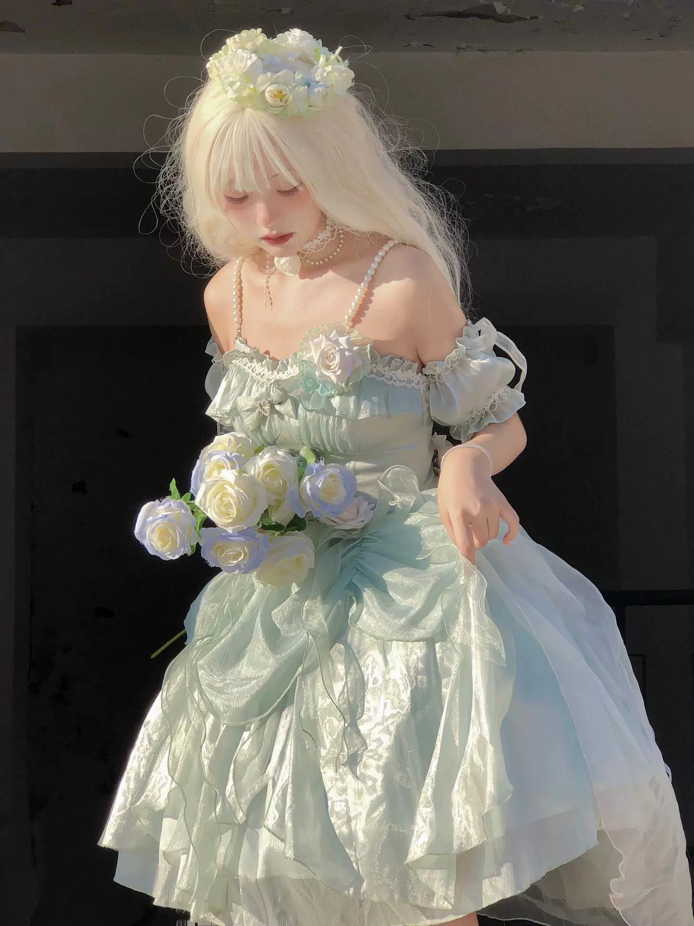 Creamy - Mint Garden Romance - Green JSK with Layered Ruffles and Floral Appliqués