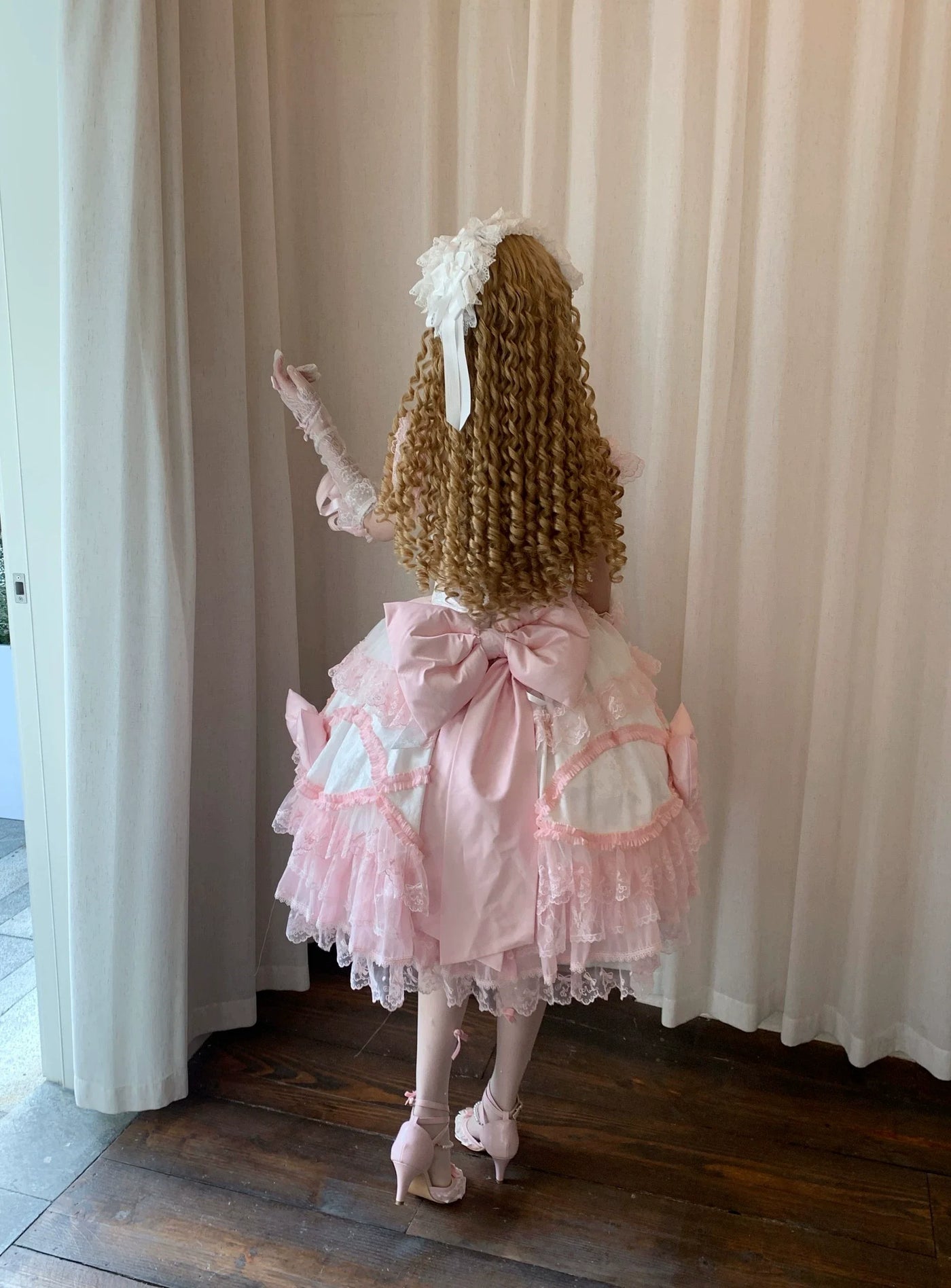 Floral Dream Isle - Sweet Lolita Doll-like JSK Dress, Bows & Lace White-pink JSK + Train S