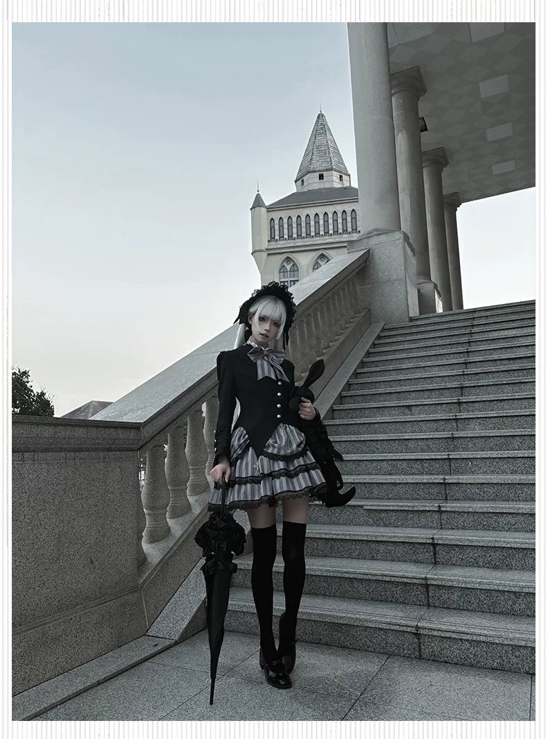 Baozi Pig - Witch's Shop - Gothic OP Dress with Corset-Style Bodice and Striped Skirt