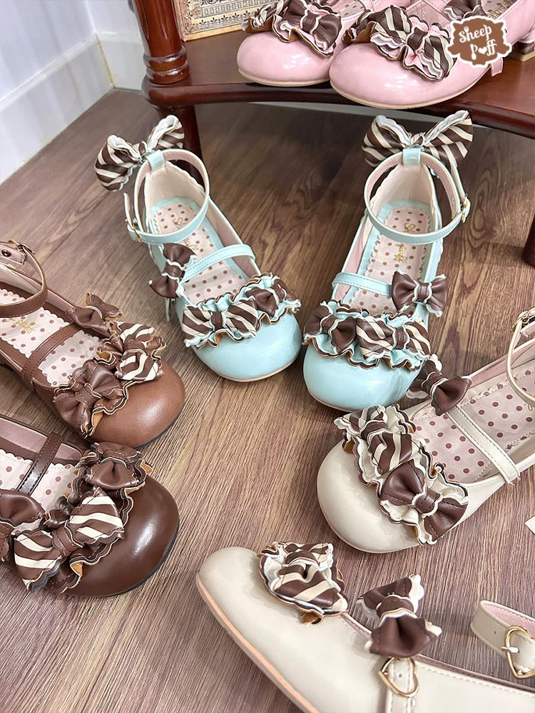 Sheep Puff Sheep Puff Crisp Chocolate Low Heel Lolita Shoes with puff detail and rounded toe, stylish and comfortable footwear.