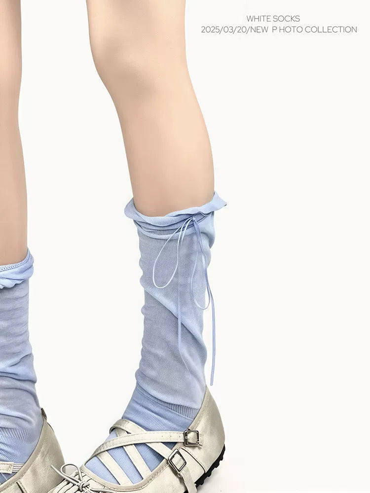 White Socks - Ballet Bow - Scrunched Calf Socks with Tie Ribbons