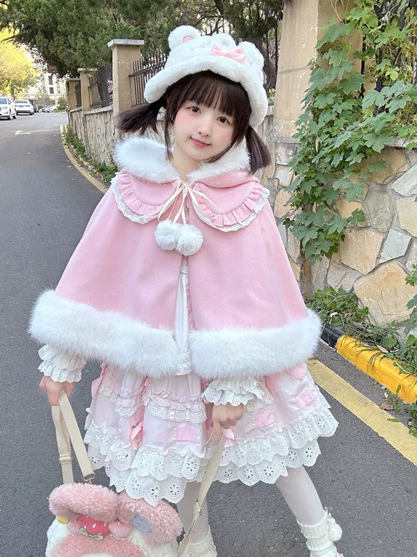 Jelly Girl - Winter Bunny - Plush Hooded Cape with Pom-Pom Ties