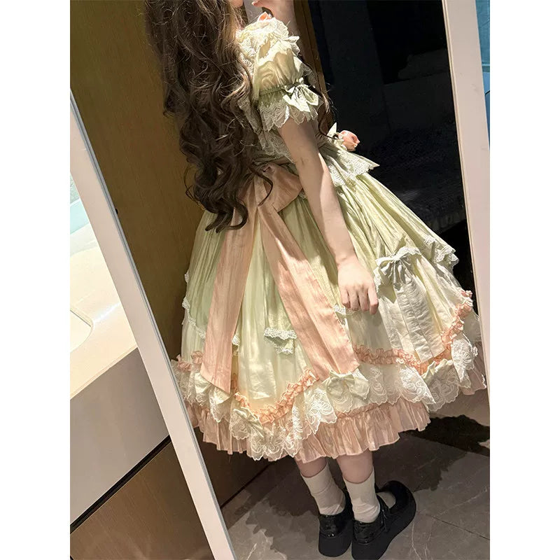 Creamy - Green & Pink Floral - One-Piece Dress with Layered Lace and Bow Trims